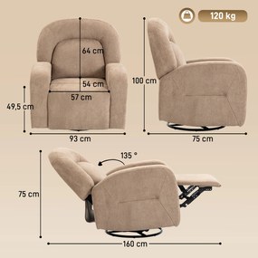 HOMCOM Fotel relaksacyjny, rozkładany fotel obrotowy 360° z miękką aksamitną tkaniną, szerokim siedziskiem, do salonu, Khaki | Aosom PL