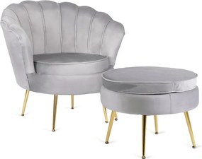 Fotel Wypoczynkowy GRAND z Podnóżkiem Muszelka Szary Welurowy Glamour