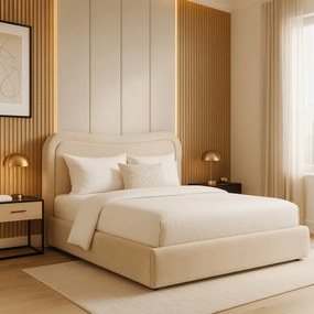 Łóżko Tapicerowane 160x200 cm HAGA ze Stelażem i Pojemnikiem Dwuosobowe Welurowe Kremowe