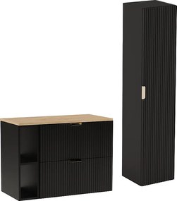 Czarny Zestaw Łazienkowy 80cm Szafka Regał Blat Orzech Słupek Ryflowane Fronty