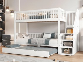 Łóżko piętrowe 90x200 cm z łóżkiem wysuwanym 90x190 cm - z drewna sosnowego - z drabinką i barierką - Białe