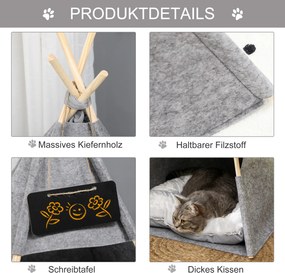 PawHut Namiot dla Zwierząt Domek dla Kota z Miękką Poduszką Plusz Filc Szary Nadaje się do Prania 58x58x80cm | Aosom PL