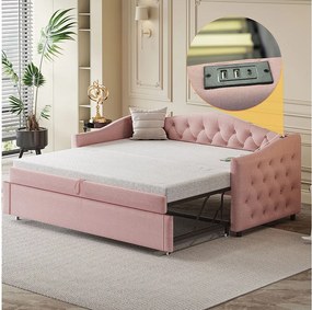 Łóżko dla dzieci 90x200 cm - z portem USB i stelażem - różowy len - bez materaca