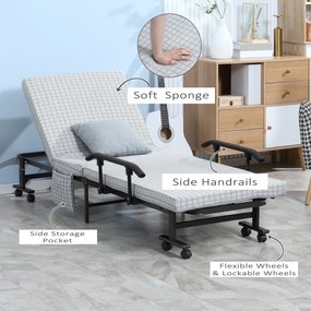 HOMCOM Łóżko Składane dla Gości z Regulowanym Oparciem Podłokietniki 8 Kółek Stal Szary Czarny 190x76x33cm | Aosom PL