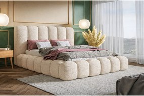 Łóżko tapicerowane 180x200 Madeno - gruba pianka, pojemnik, stelaż metalowy - tkanina boucle, beżowy (Catch Me 2)