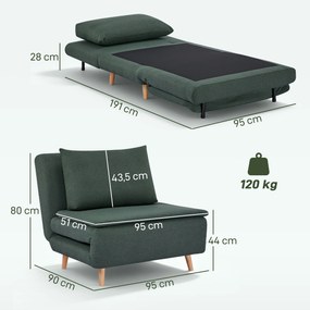 HOMCOM Fotel rozkładany 3w1 z funkcją łóżka regulowane oparcie poduszka nogi bukowe ciemnozielony | Aosom PL