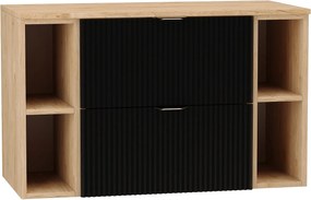 Czarny Zestaw Łazienkowy 100cm Szafka Blat Orzech Regały Orzech Ryflowane Fronty