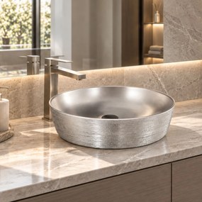 Umywalka ceramiczna nablatowa okrągła srebrna matowa ryflowana 42 cm MAVA SILVER cienki rant