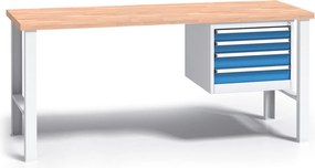 Profesjonalny stół warsztatowy G3 z drewnianym blatem roboczym, 1700 mm, 1x 4 szufladowy kontener, niebieski