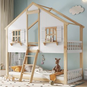Łóżko piętrowe dla dzieci - 2 x 90 x 200 cm - z oknami i dachem + stelaż - sosna + MDF + sklejka - białe + naturalne