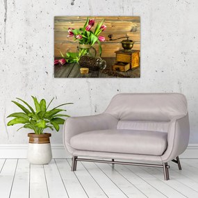 Obraz - tulipany, młynek i kawa (70x50 cm)
