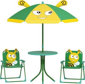 Zestaw ogrodowy AIYAPLAY dla dzieci: Stół, Krzesła, Parasol, Motyw Pszczół, Zielony+Żółty