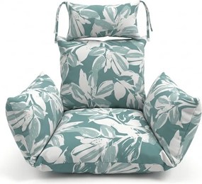 Szary wiszący fotel KOKON ze stojakiem, zielono-biała poduszka