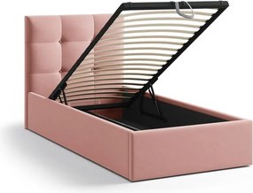 Różowe tapicerowane łóżko jednoosobowe ze schowkiem ze stelażem 90x200 cm Phaedra – Micadoni