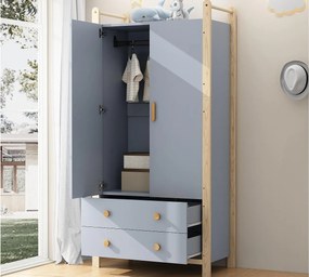 Szafa dziecięca 89.6x44x180.5 cm - 2 szuflady i 2 drzwi - 1 wieszak na ubrania - konstrukcja sosnowa - niebieski + naturalny