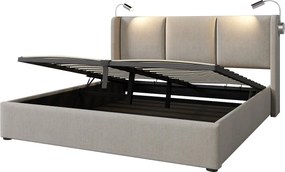 Łóżko z pojemnikiem na pościel 160x200 cm - Łóżko dla dorosłych z lampką do czytania i funkcją ładowania USB - Beżowa pościel - Bez materaca