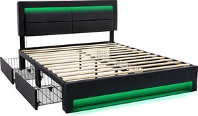 Łóżko podwójne 140x190 cm z ekoskóry z LED - 4 szuflady - z portami ładowania (przewodowym i bezprzewodowym) - Czarne