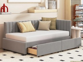 Łóżko tapicerowane 90 x 200 cm - Sofa z funkcją spania z 2 szufladami - Aksamit - Szary