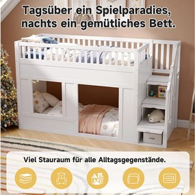 Łóżko piętrowe dla dzieci - 2 x 90 x 200 cm - ze schodkami do przechowywania - bez materaca - drewniane - białe