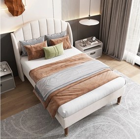 Łóżko 90x200 cm - beżowy aksamit - łóżko pojedyncze z ramą z listew i wyściełanym zagłówkiem - bez materaca