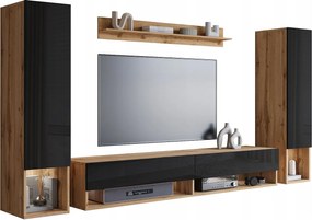 Nowoczesna meblościanka – zestaw wiszący do salonu 2 słupki + szafka RTV 180 cm + półka, korpus dąb wotan mat, fronty czarny połysk