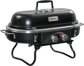 Outsunny Składany Grill Gazowy 2,34 KW BBQ z 2 Palnikami ze Stali Nierdzewnej Regulatorem Ciśnienia 66 x 34,5 x 37 cm Czarny
