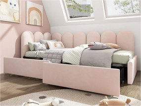 Łóżko z kanapą z 2 szufladami - materiał aksamitny - 90x200 cm - z stelażem na listwy - Różowy