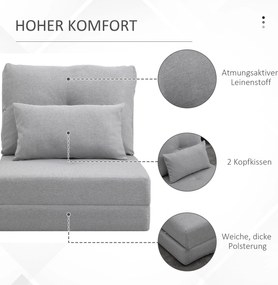 HOMCOM Sessel składana mata do spania, design 2 w 1, odpinana poduszka, 60 x 80 x 56 cm, szary