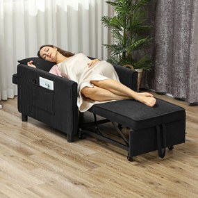 HOMCOM Rozkładany fotel, regulowany, 3 pozycje, Pokrycie z sztruksu, do 120 kg, Czarny