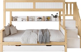 Łóżko piętrowe 90x200cm + 120x200cm + łóżko wysuwane 90x190cm - z półkami, szafą i schodami do przechowywania - z drewna sosnowego i MDF - Białe i Naturalne