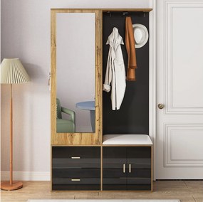 Wieszak na ubrania z lustrem, ławką na buty i wysuwanym drążkiem na ubrania – czarny i naturalny