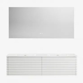 Zestaw Wiszących Mebli Łazienkowych 160x50 Cm Z Drewna Z Wbudowanymi Umywalkami Noura Biała & Bez Kranu & Prostokątny Led I Przeciwmgielny 160x75 Cm R
