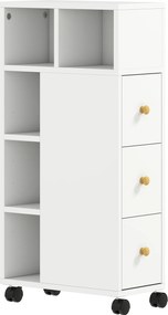 HOMCOM Szafka łazienkowa wąska, szafka z 4 kółkami, 3 szuflady, 5 otwartych przegródek, 20x40x80cm, Biały