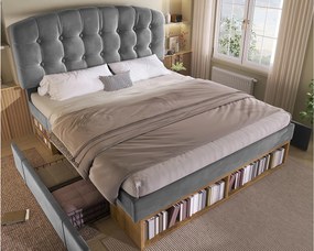 Tapicerowane łóżko podwójne 140x190cm - regulowane wezgłowie - z szufladami i miejscem do przechowywania - welur - Szary​ (bez materaca)