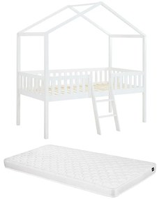 Półwysokie łóżko w formie domku 90 x 190 cm z materacem – biała sosna – NALENY