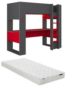 Łóżko z antresolą gamer NOAH, z biurkiem i ze skrzynią – 90 × 200 cm – z oświetleniem LED – kolor antracytowy i czerwony, w zestawie z materacem