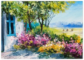 Obraz ogrodu przed domem, obraz olejny (70x50 cm)