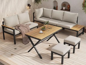 Zestaw mebli ogrodowych 7-osobowy - z lekkiej stali ocynkowanej - 2 sofy - z stołem jadalnym - 2 taborety - Beżowy