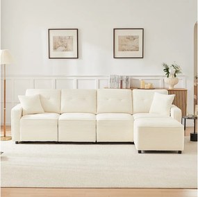 Nowoczesna sofa 4-osobowa - 280 x 146 x 85 cm - ze schowkiem pod siedziskiem + pufa modułowa - welur - beż