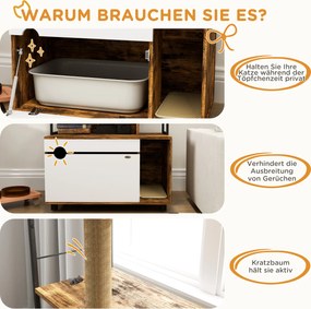 PawHut Szafka na Kuwetę z Regałem o Trzech Poziomach i Drapakiem, Zamknięta Kuweta, 80 x 48 x 152 cm, Brąz