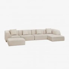 Sofa Modułowa 4-częściowa, Prawa, Z Leżanką I Tapicerowanym Pufem Cardea Kremowo-beżowy Szenil - Sklum