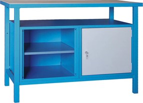 Stół warsztatowy GD, świerk + bukowa sklejka, 1 szafka, 1 półka, 1190 x 600 x 850 mm, szary