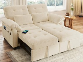 Kanapa 3 w 1 - 2 osoby - Kanapa składana - Regulowane oparcie - Port ładowania USB - Zawiera 2 poduszki - Szynszyla - beżowy