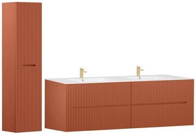 Szafka łazienkowa wisząca z umywalką wpuszczaną w blat i słupkiem - Ryflowana terakota - 150 cm - PAVANI