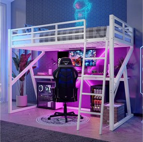Łóżko piętrowe dla dzieci - 90 x 200 cm - rama żeliwna - z diodami LED + schody + biurko - Metal + MDF - białe
