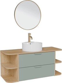 Wisząca szafka łazienkowa z wnękami, nablatową umywalką okrągłą, baterią i lustrem – Zielony migdałowy i jasny naturalny – szer. 120 cm – AVORELI