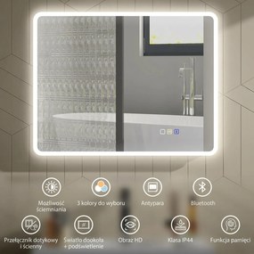 HOMCOM Lustro łazienkowe LED Bluetooth 70x90 cm podświetlane antypara głośnik 3 kolory światła dotykowe ścienne prostokątne | Aosom PL