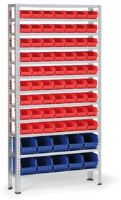 Regał z plastikowymi pojemnikami BASIC, 1730 x 850 x 300 mm, 63x pojemnik typu A + 10x pojemnik typu B