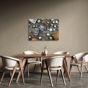 Obraz na szkle - srebrne ozdoby świąteczne (70x50 cm)