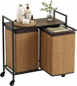HOMCOM Kosz na pranie bambus 2 komory 120 l, pojemnik z półką, worek na pranie, na kółkach 73x33x78 cm, Brązowy | Aosom PL